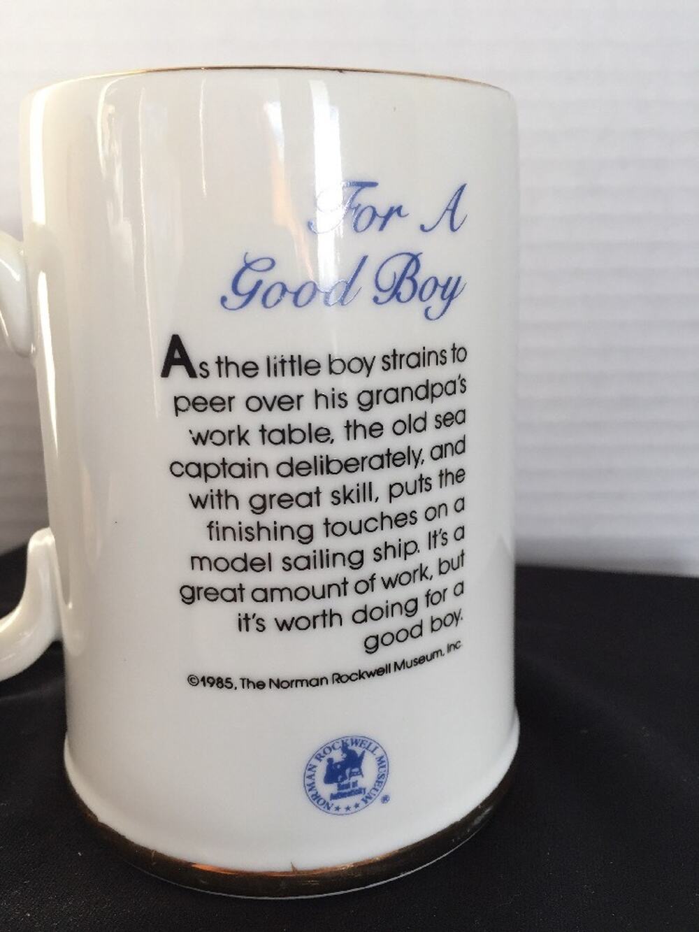 1985 Norman Rockwell Coffee Mug Cup For A Good Boy Grandfather Boy Ship Parrot